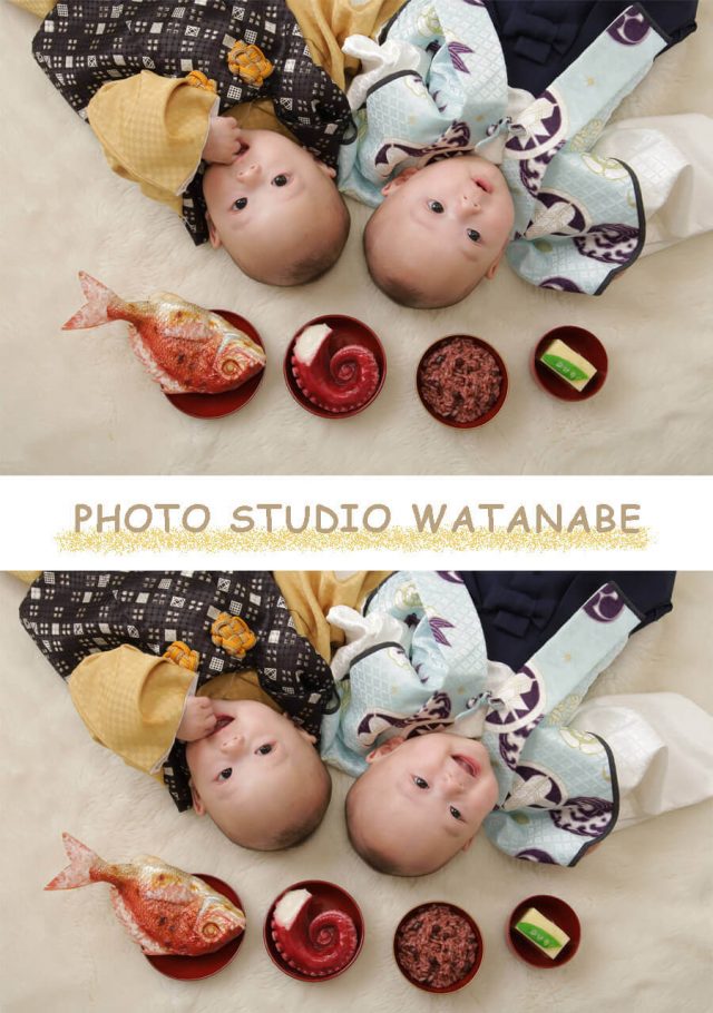 双子の赤ちゃん 百日記念撮影 渡辺写真館