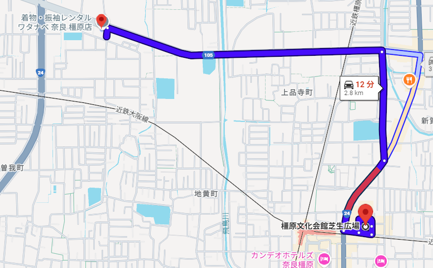成人式当日支度会場のフォトスタジオワタナベ奈良橿原店から奈良県橿原文化会館までの道順