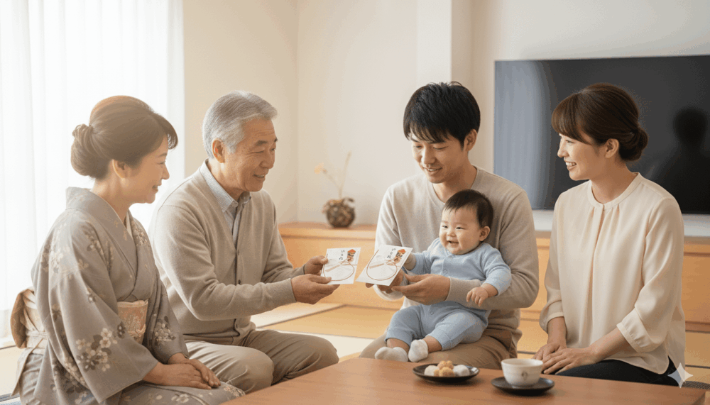 お宮参りのお祝いに紐銭を渡している所